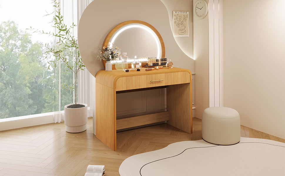 39' Makeup Vanity Table with Mirror Touch Screen Lighted Mirror, Dressing Table with Drawer for Bedroom, Natural - Grand Goldman Shop