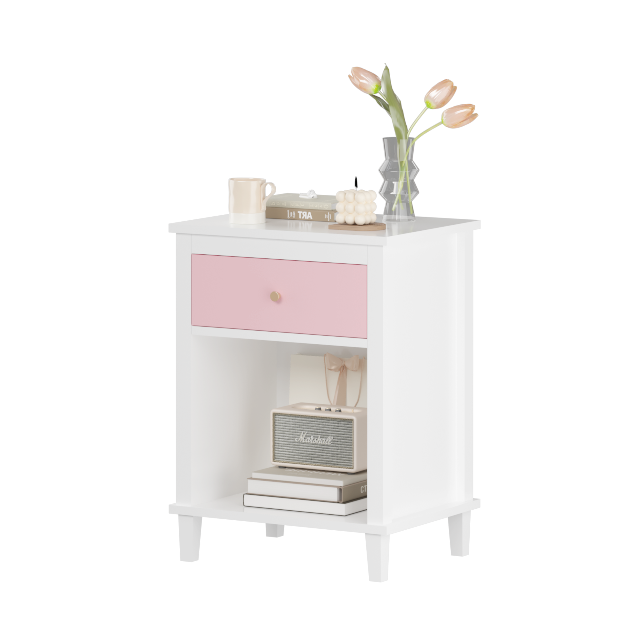 Pink+Golden Handle Wooden Nightstand 26.77''H with One Drawer One Shelf for Kids and Adults - Grand Goldman Shop