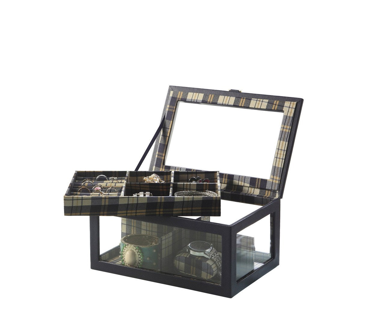 9.8' Long Tempered Glass and Leather Jewelry Case / Watch Display, Blue - Grand Goldman Shop