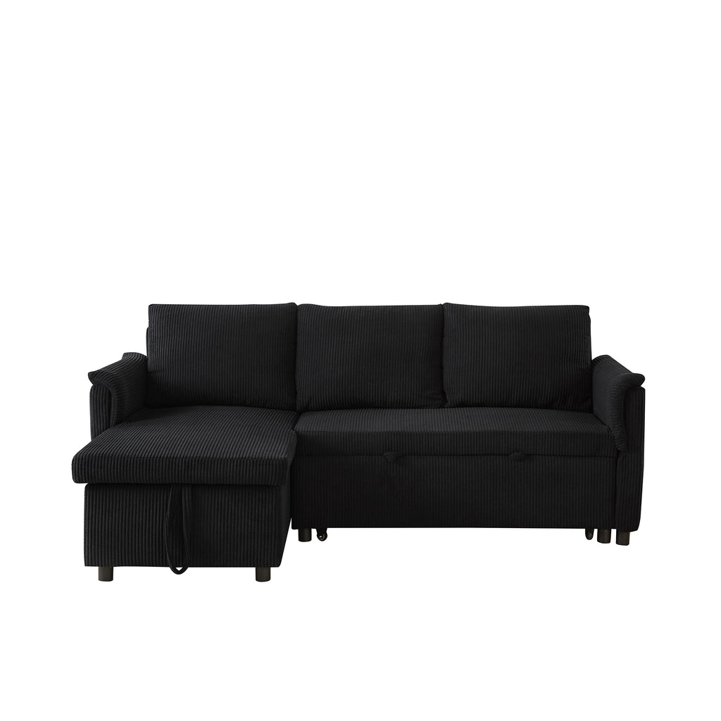 Loveseat Sofa with Chaise Lounge L-Shaped Modular Convertible Sofa with Storage Chaise, Corduroy Tufted Upholstered Sleeper Sectional Sofa,Pull Out Sleep Couch Bed and Reclining Backrest-Black - Grand Goldman Shop