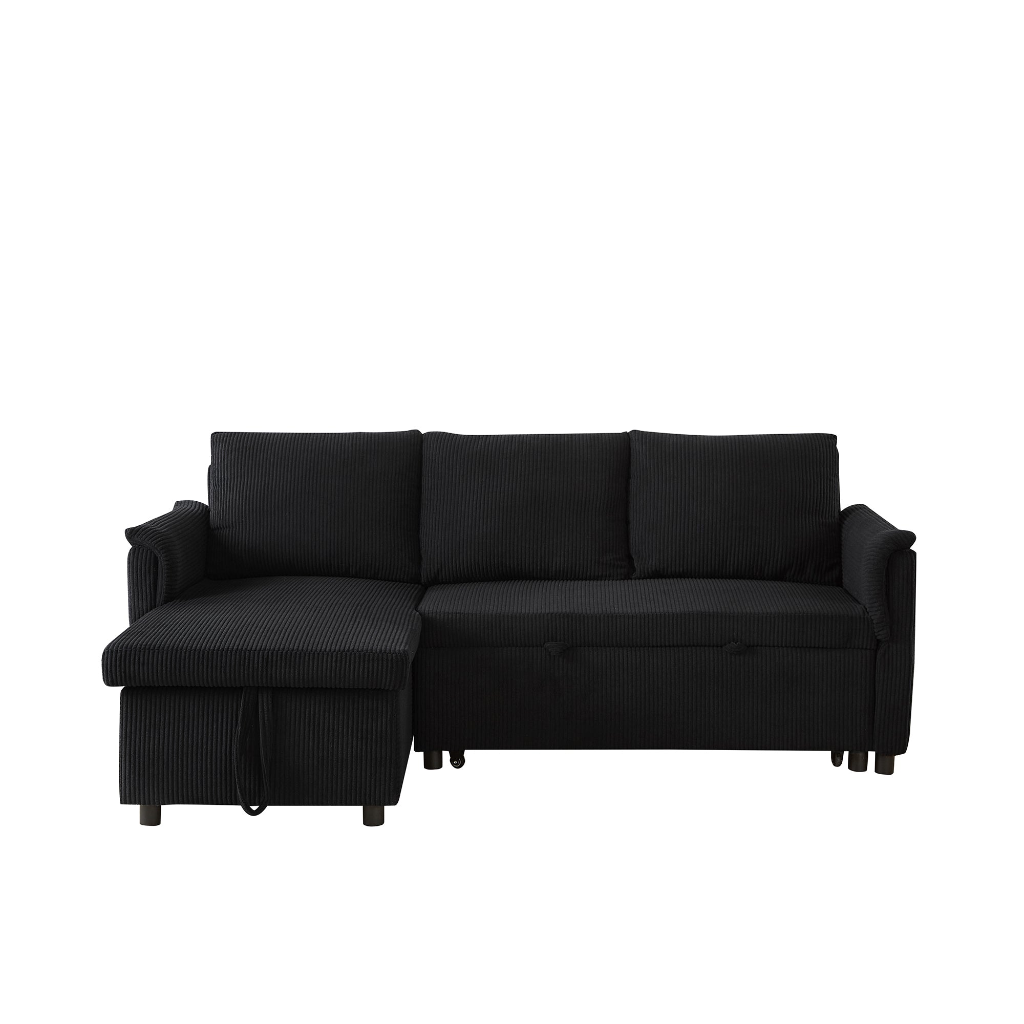 Loveseat Sofa with Chaise Lounge L-Shaped Modular Convertible Sofa with Storage Chaise, Corduroy Tufted Upholstered Sleeper Sectional Sofa,Pull Out Sleep Couch Bed and Reclining Backrest-Black - Grand Goldman Shop