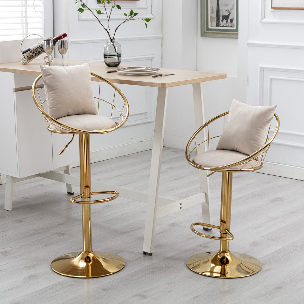 Off-White Velvet Bar Chair, Pure Gold Plated, Unique Design, 360-Degree Rotation, Adjustable Height, Suitable for Dining Room and Bar, Set of 2 - Grand Goldman Shop