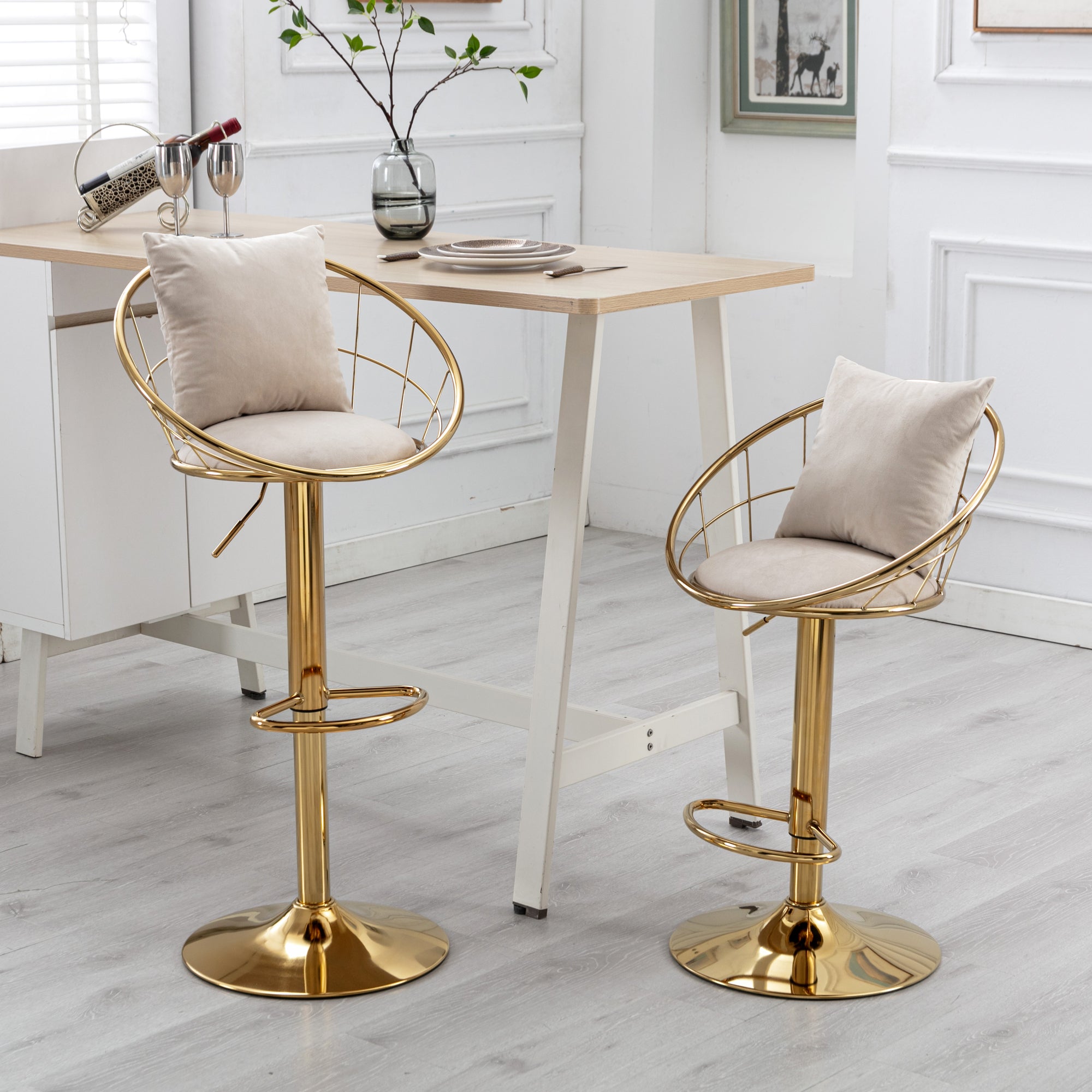 Off-White Velvet Bar Chair, Pure Gold Plated, Unique Design, 360-Degree Rotation, Adjustable Height, Suitable for Dining Room and Bar, Set of 2 - Grand Goldman Shop