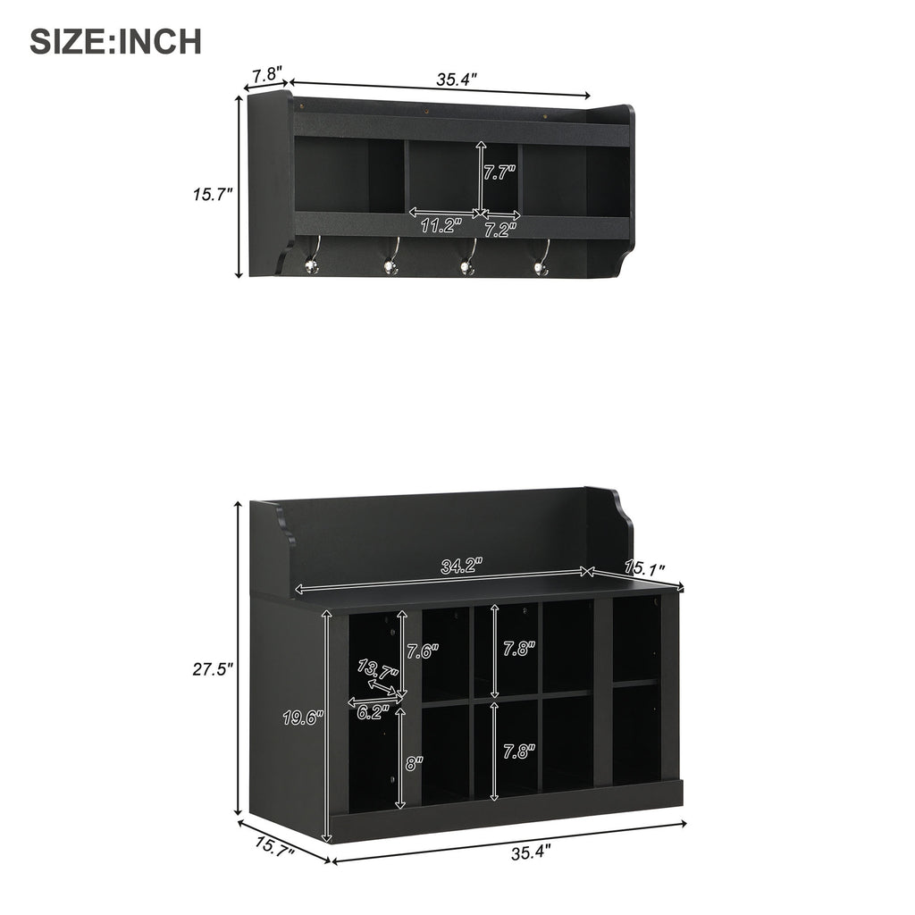 ON-TREND Shoe Storage Bench with Shelves and 4 Hooks, Elegant Hall Tree with Wall Mounted Coat Rack, Entryway Organizer For Hallway, Foyer, Mudroom, Black - Grand Goldman Shop