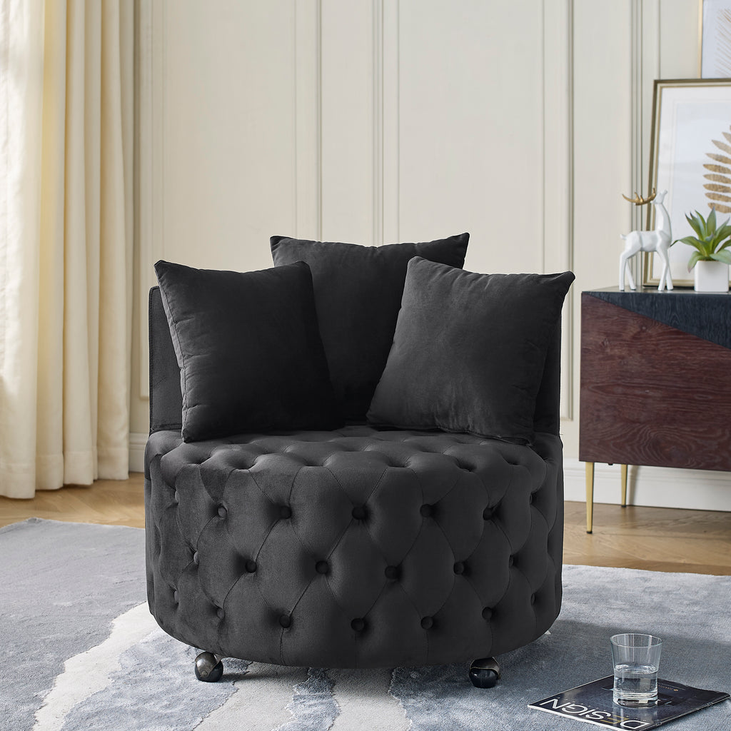 Modern Velvet Upholstered Swivel Chair with Button Tufted Design, Movable Wheels, 3 Pillows, Black - Grand Goldman Shop