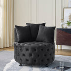 Modern Velvet Upholstered Swivel Chair with Button Tufted Design, Movable Wheels, 3 Pillows, Black - Grand Goldman Shop
