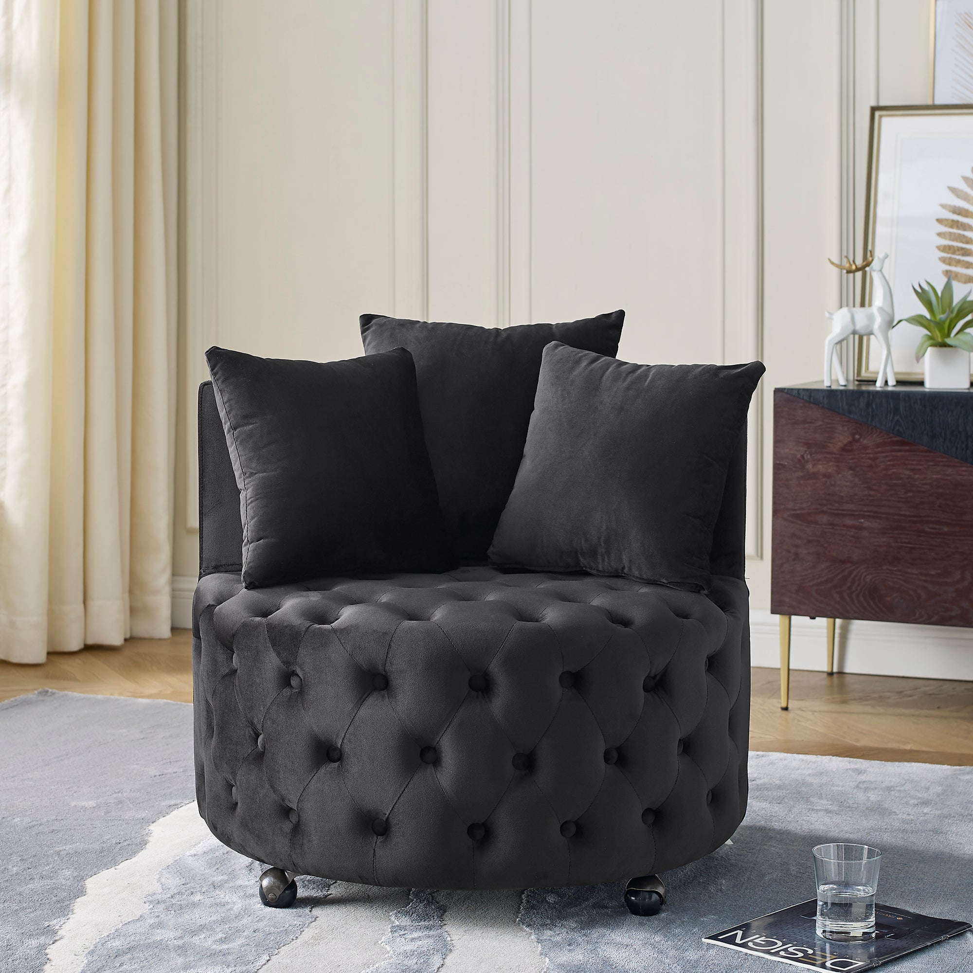 Modern Velvet Upholstered Swivel Chair with Button Tufted Design, Movable Wheels, 3 Pillows, Black - Grand Goldman Shop