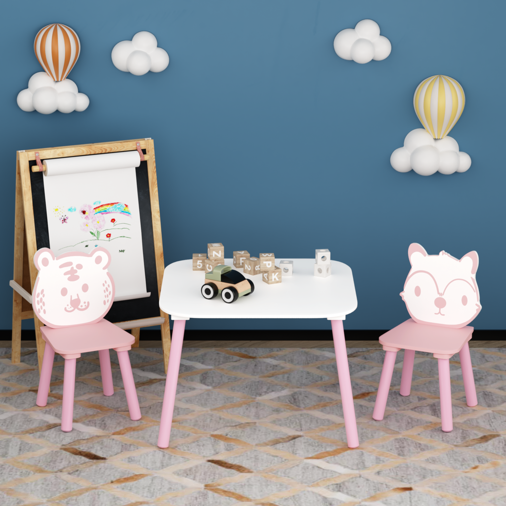 Kids Table and Chair Set, 3-Piece Wooden Toddler Desk with Animal Backrest, Activity Table for Drawing, Learning,Playroom or 