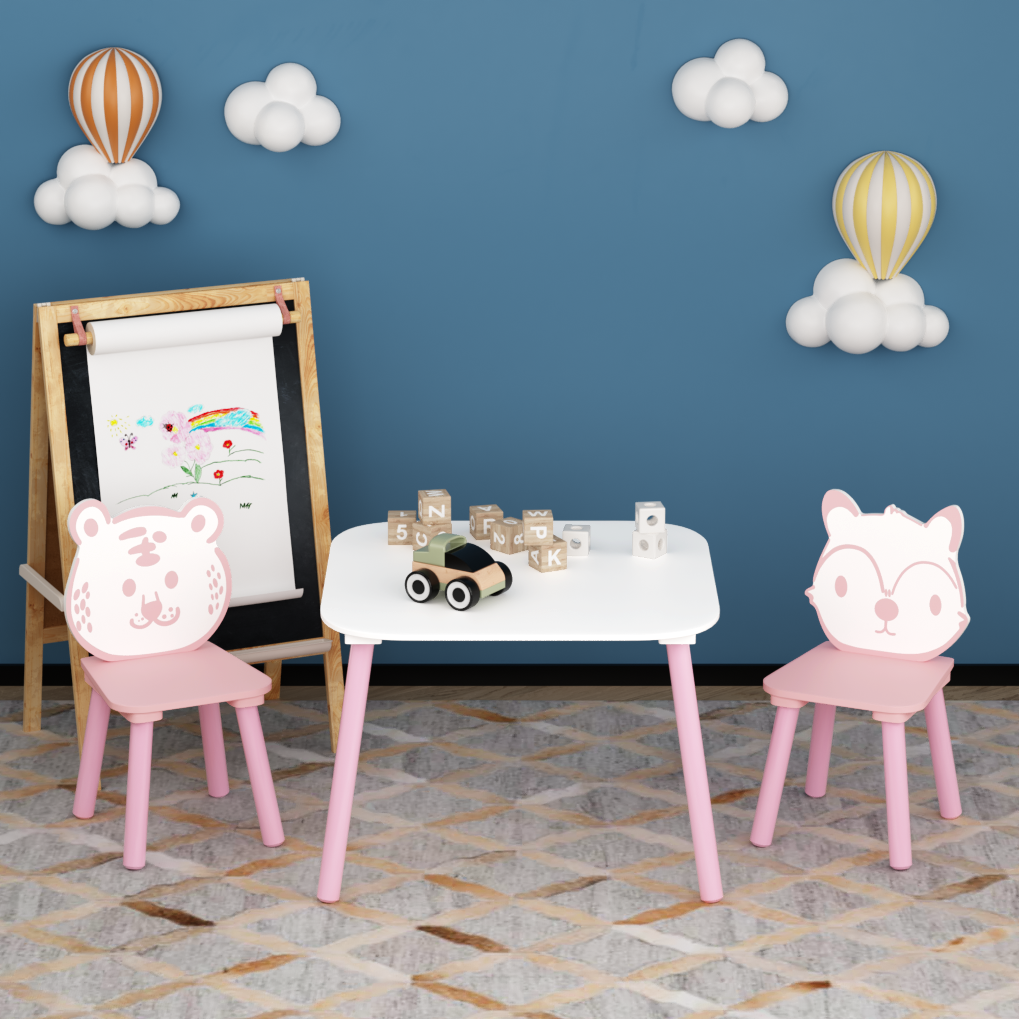Kids Table and Chair Set, 3-Piece Wooden Toddler Desk with Animal Backrest, Activity Table for Drawing, Learning,Playroom or 