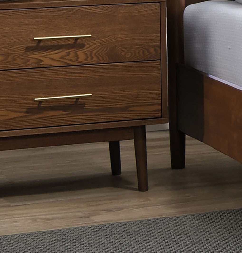 Walnut Color 3pc Bedroom Set Eastern King Size Bed 2x Nightstands Beige Upholstered Fabric Panel HB Mid-Century Modern Style - Grand Goldman Shop