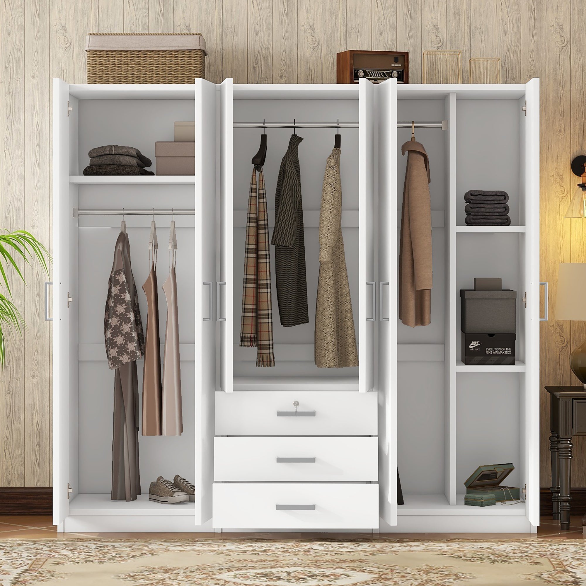 6-Doors Wooden Wardrobe Storage for Bedroom, with Big Drawers, White - Grand Goldman Shop