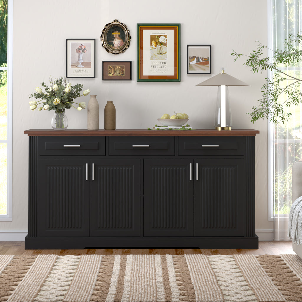 Black Fluted Sideboard Buffet Cabinet with 4 Doors and 3 Drawers, Modern Wood Kitchen Storage Console Table for Living Room Dining Room Entryway, 63' - Grand Goldman Shop