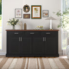 Black Fluted Sideboard Buffet Cabinet with 4 Doors and 3 Drawers, Modern Wood Kitchen Storage Console Table for Living Room Dining Room Entryway, 63' - Grand Goldman Shop