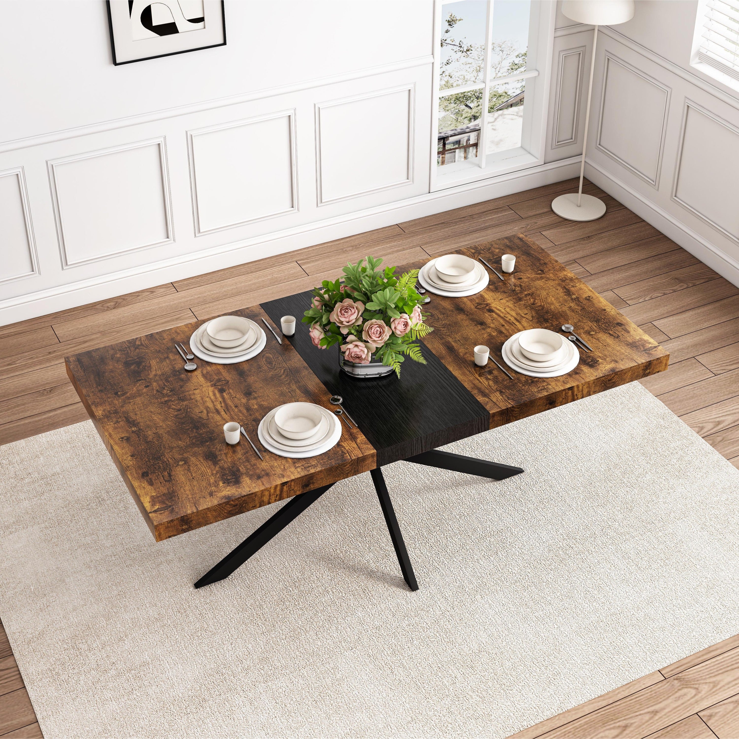Retro Rectangular Stretch Dining Table with Antique Wood Top and Black Iron Base, Brown+Black, MDF+Metal, 55.11'-70.86'L - Grand Goldman Shop