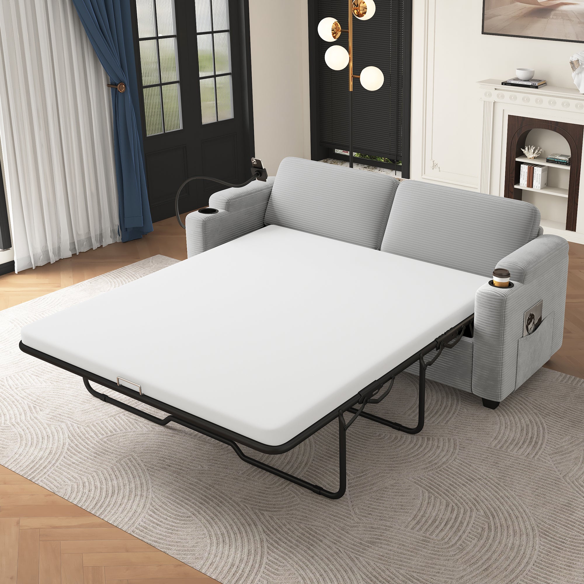 Corduroy Sleeper Sofa Loveseat with Full Size Mattress, USB Ports, Cup Holders, Side Pockets, and Phone Holder, Grey - Grand Goldman Shop
