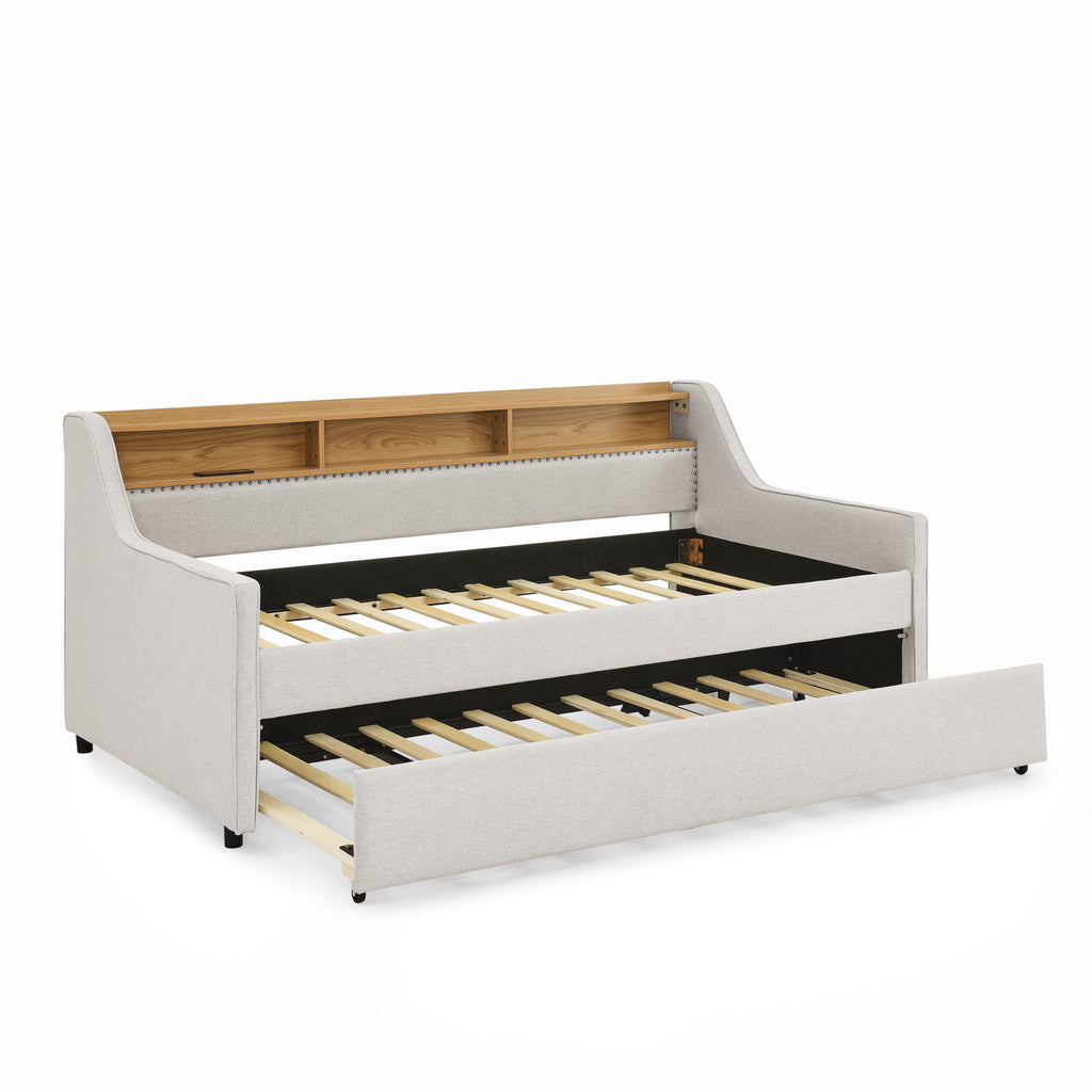 Beige Linen Upholstered Twin Sofa Bed with LED Lights, Wireless Charging, Adjustable Headboard Storage & Foldable Trundle, 80.5''x46''x34'' - Grand Goldman Shop