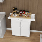 Kitchen island rolling trolley cart with 1 drawer & 2 doors with storage racks & Adjustable Shelves & towel rack & seasoning rack rubber wood table top-White - Grand Goldman Shop