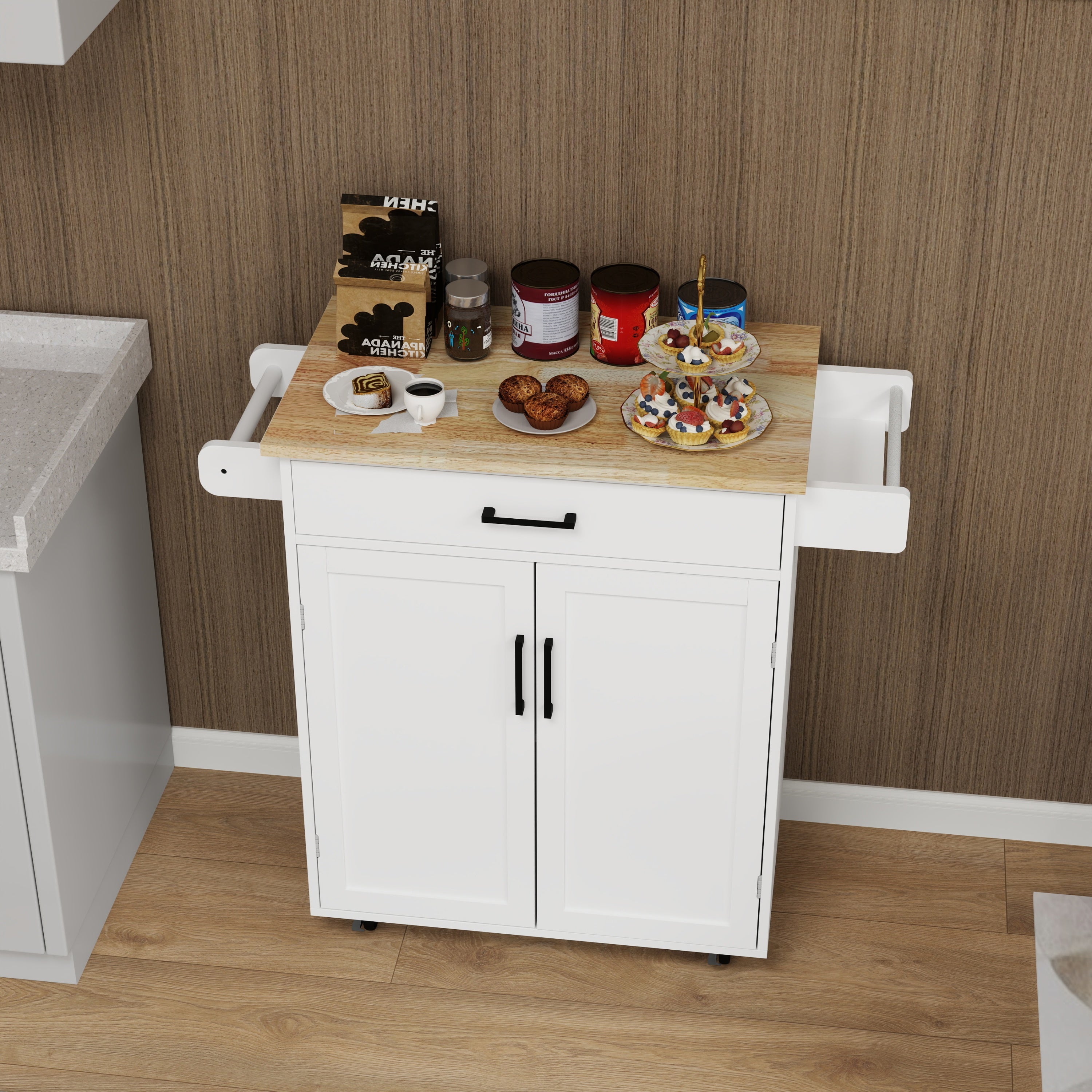 Kitchen island rolling trolley cart with 1 drawer & 2 doors with storage racks & Adjustable Shelves & towel rack & seasoning rack rubber wood table top-White - Grand Goldman Shop