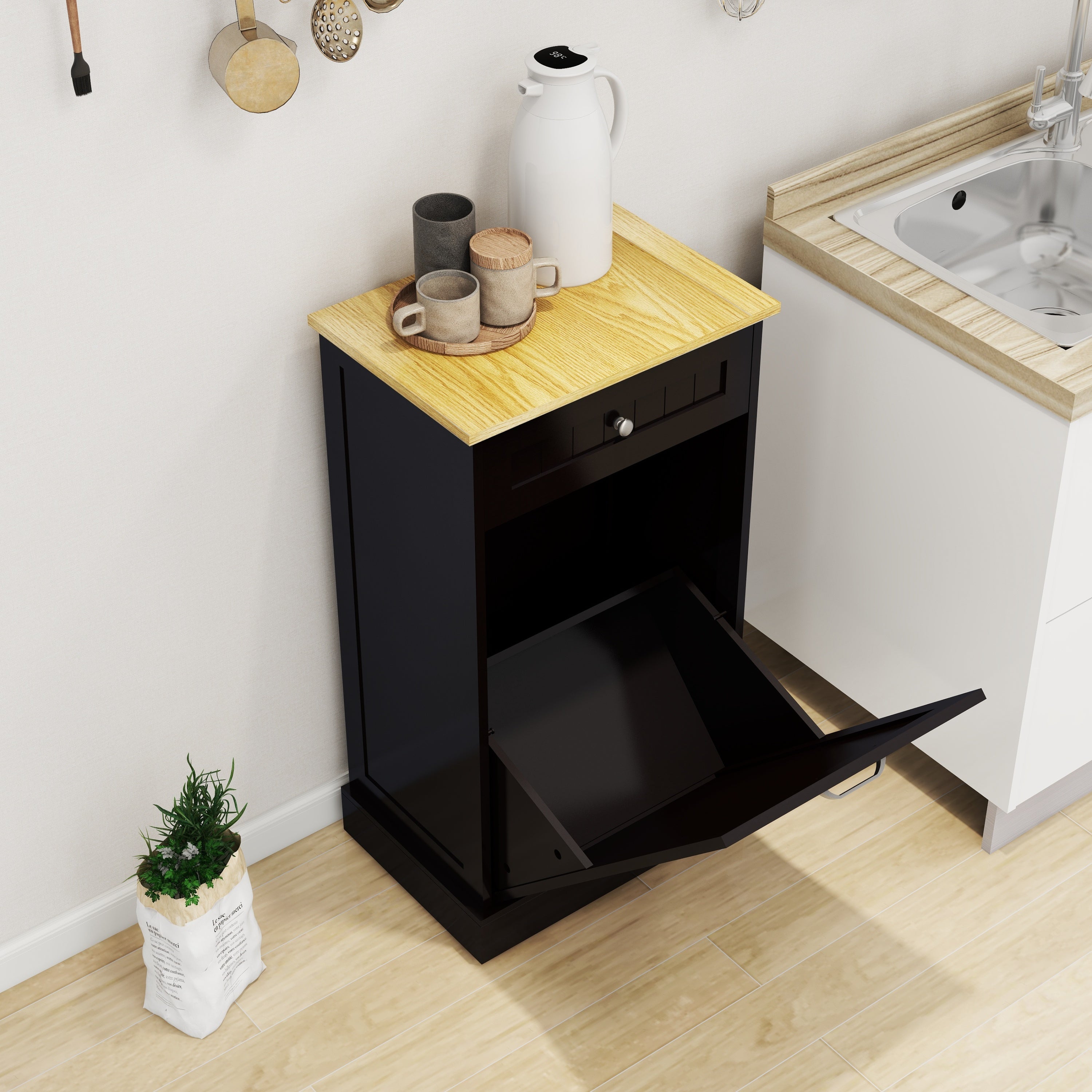 One Drawers and One-Compartment Tilt-Out Trash Cabinet Kitchen Trash Cabinet-Black - Grand Goldman Shop