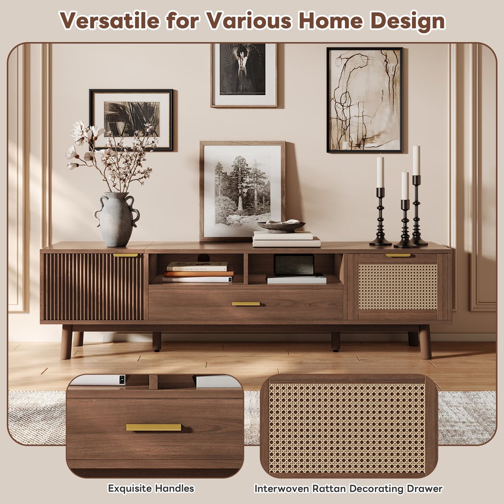 Wood Fashionable TV Stand for 75' TVs with Soft-Closing Doors, Dark Brown Modern Console with Rattan Accents and Drop-Down Cabinet, Solid Wood and MDF Construction - Grand Goldman Shop