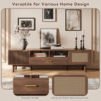 Wood Fashionable TV Stand for 75' TVs with Soft-Closing Doors, Dark Brown Modern Console with Rattan Accents and Drop-Down Cabinet, Solid Wood and MDF Construction - Grand Goldman Shop