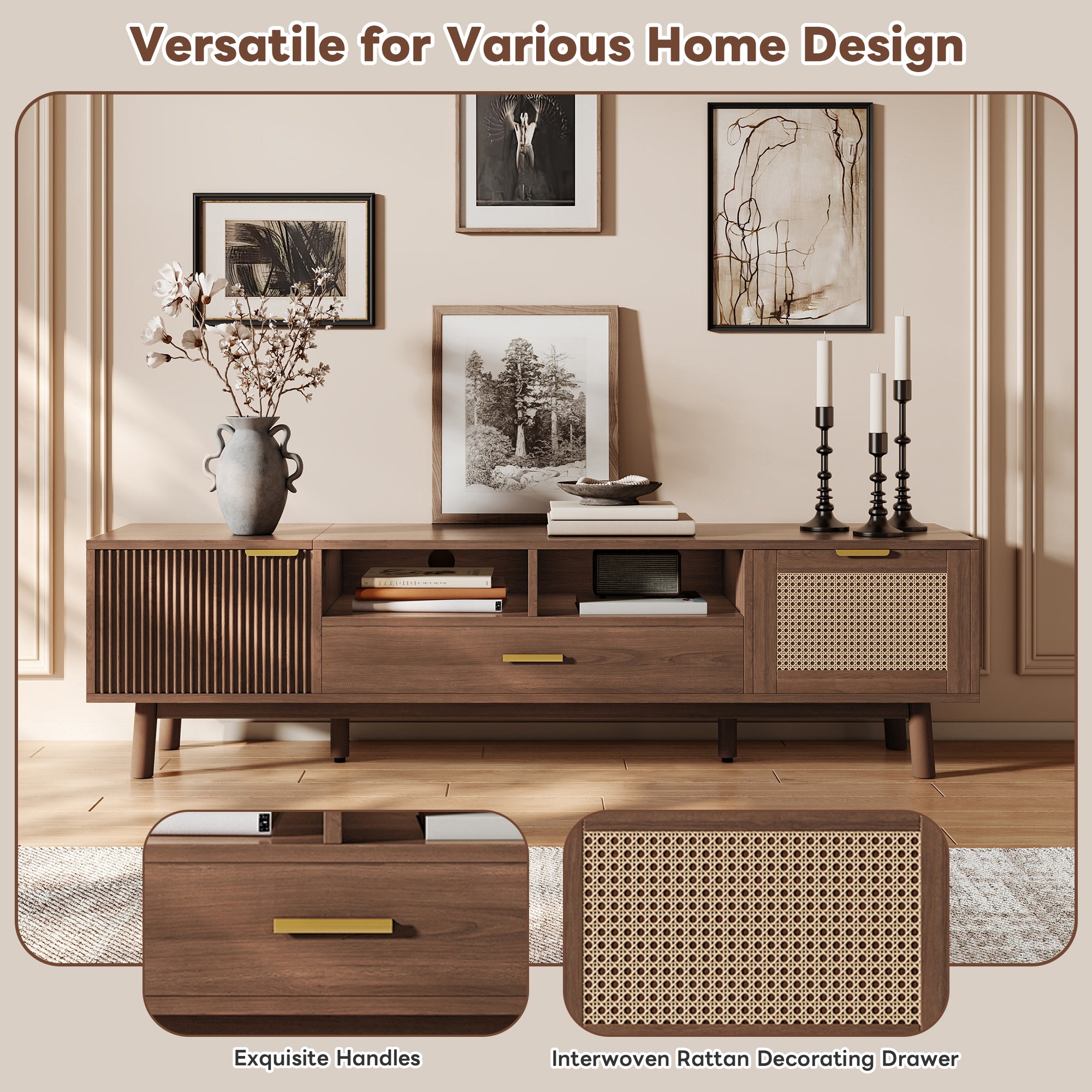 Wood Fashionable TV Stand for 75' TVs with Soft-Closing Doors, Dark Brown Modern Console with Rattan Accents and Drop-Down Cabinet, Solid Wood and MDF Construction - Grand Goldman Shop