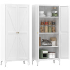 White Metal Adjustable 2-Door Storage Cabinet with Powder-Coated Steel, Striped Design, Gold Handles, 4 Adjustable Shelves fo
