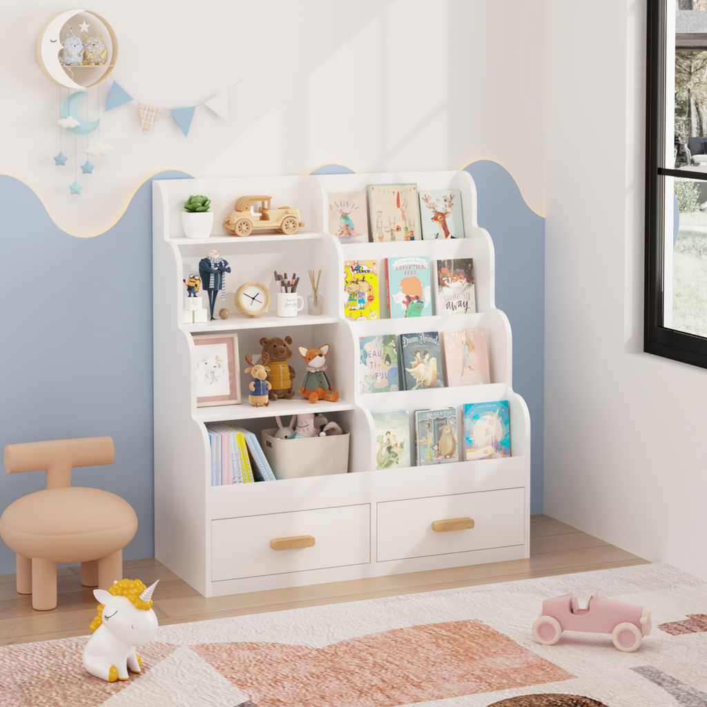 Kids Bookshelf with 2 Storage Drawers, Front-Facing Children's Bookcase and Toy Organizer, Multi-Tier Reading Shelf for Toddl