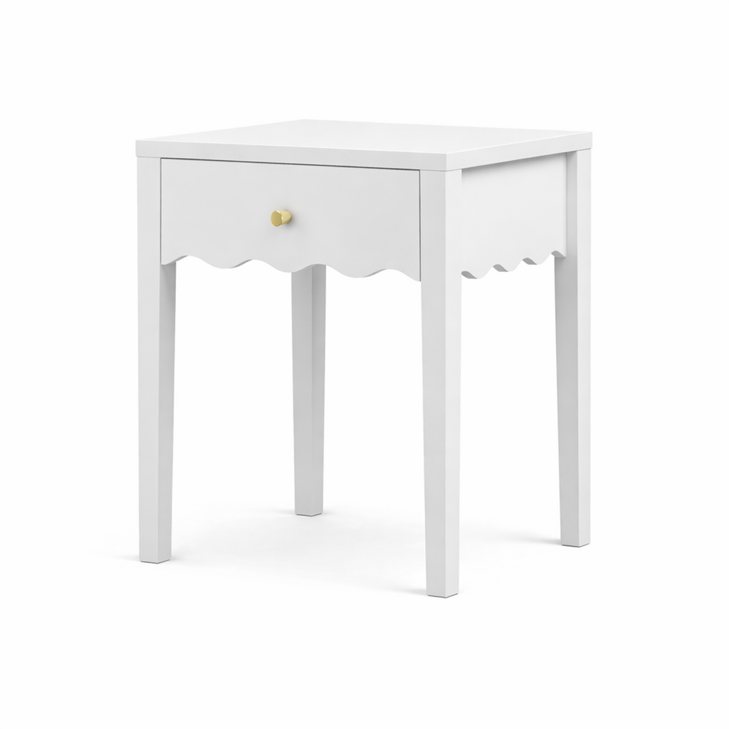White Nightstand with Drawer, Modern Bedside Table with Wavy Apron Design, Compact End Table for Bedroom Living Room, Small Side Table with Storage - Grand Goldman Shop