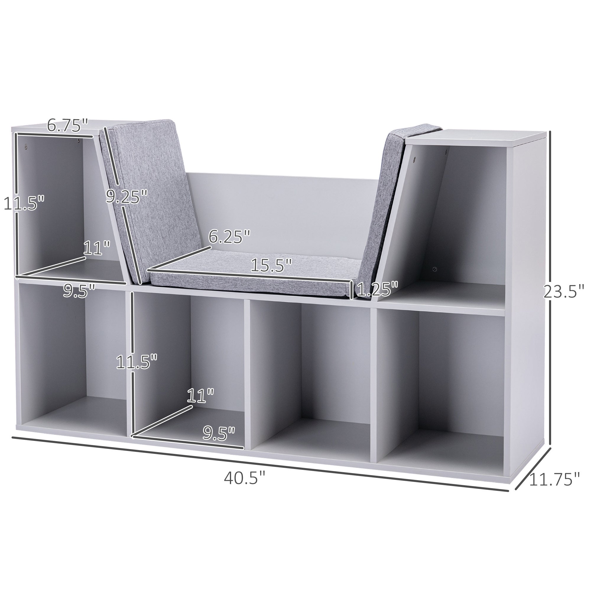 6-Cubby Kids Bookcase with Reading Nook and Cushion, Multi-Purpose Storage Organizer for Bedroom, Living Room, Grey | Premium