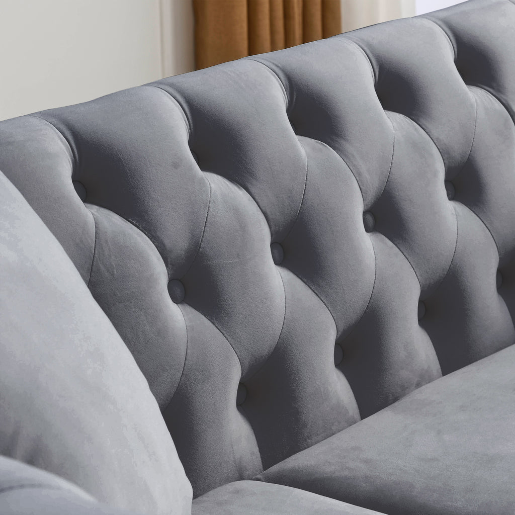 Grey Velvet 3-Seater Chesterfield Sofa with Rolled Arms and Nailhead Trim, Tufted Couch for Living Room, Bedroom, Office, Apartment, Includes Two Pillows - Grand Goldman Shop