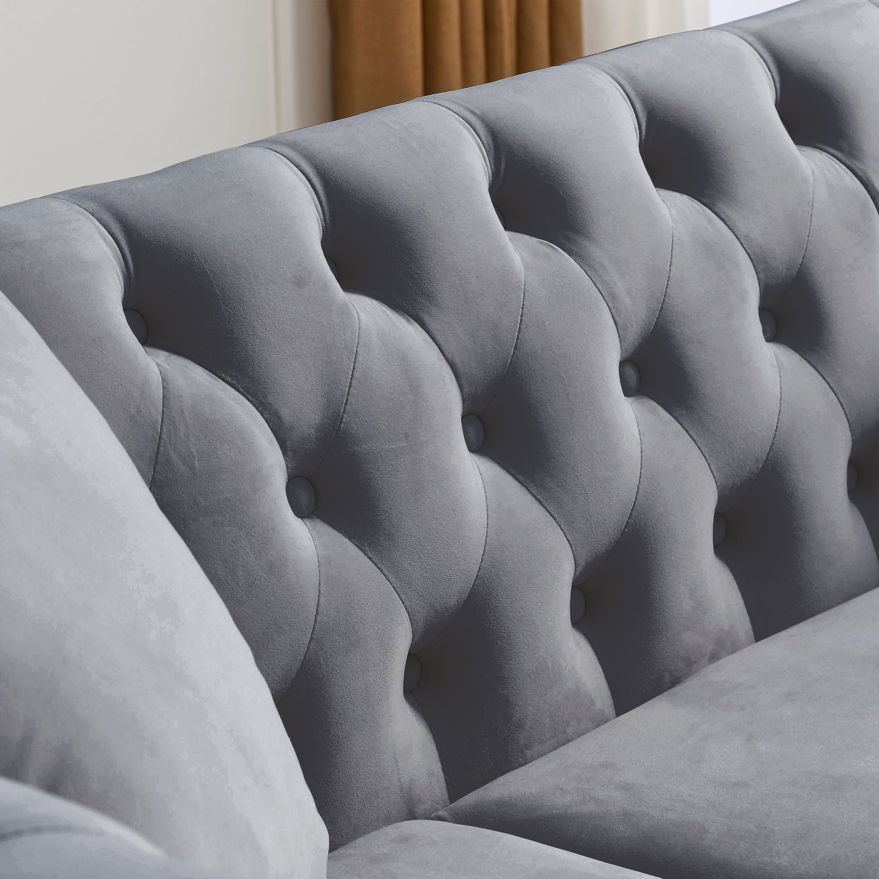 Grey Velvet 3-Seater Chesterfield Sofa with Rolled Arms and Nailhead Trim, Tufted Couch for Living Room, Bedroom, Office, Apartment, Includes Two Pillows - Grand Goldman Shop