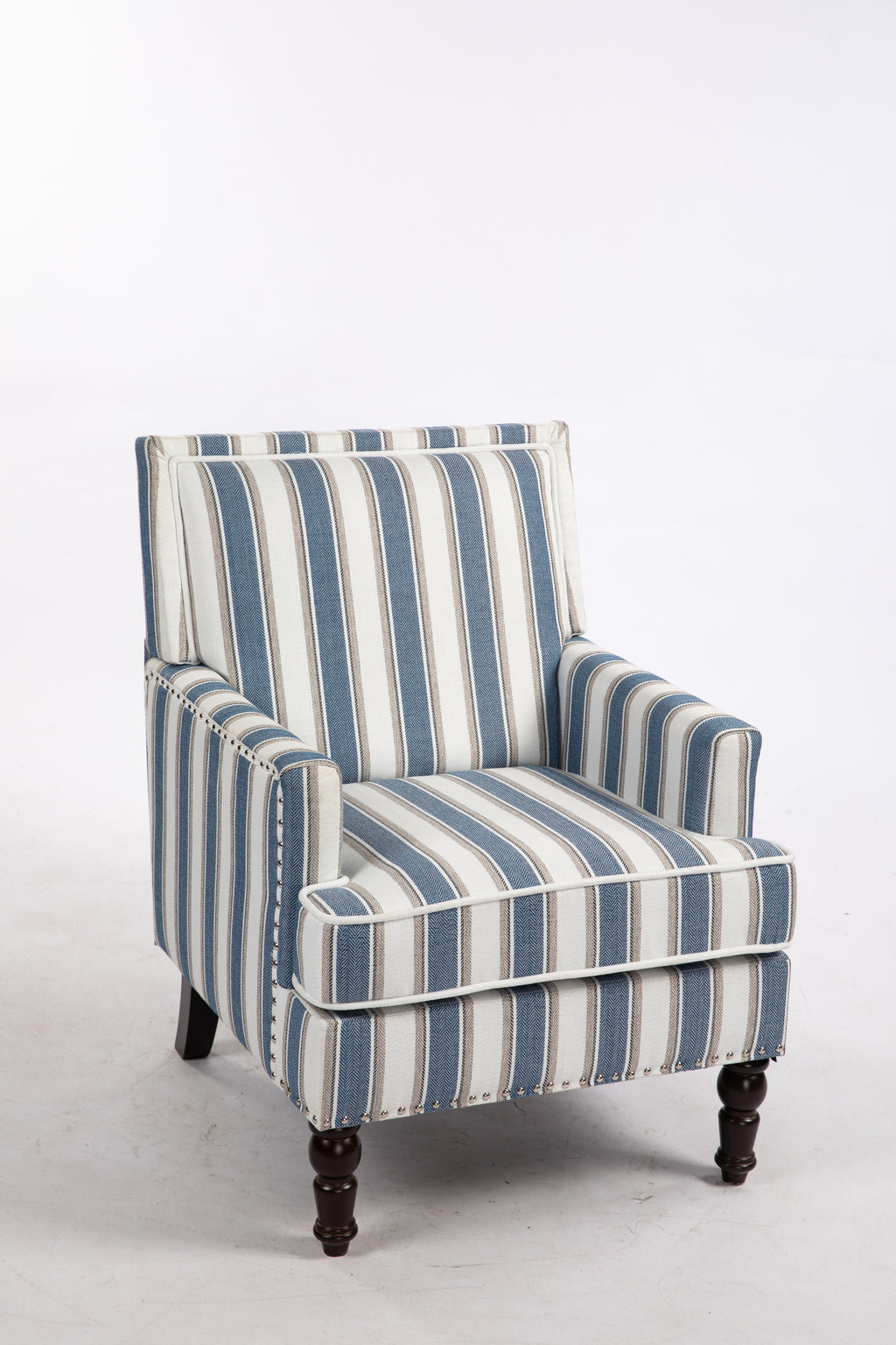 Upholstered Accent Chair, Vintage Armchair with Blue and White Striped Linen Fabric and Nailhead Trim for Living Room - Grand Goldman Shop