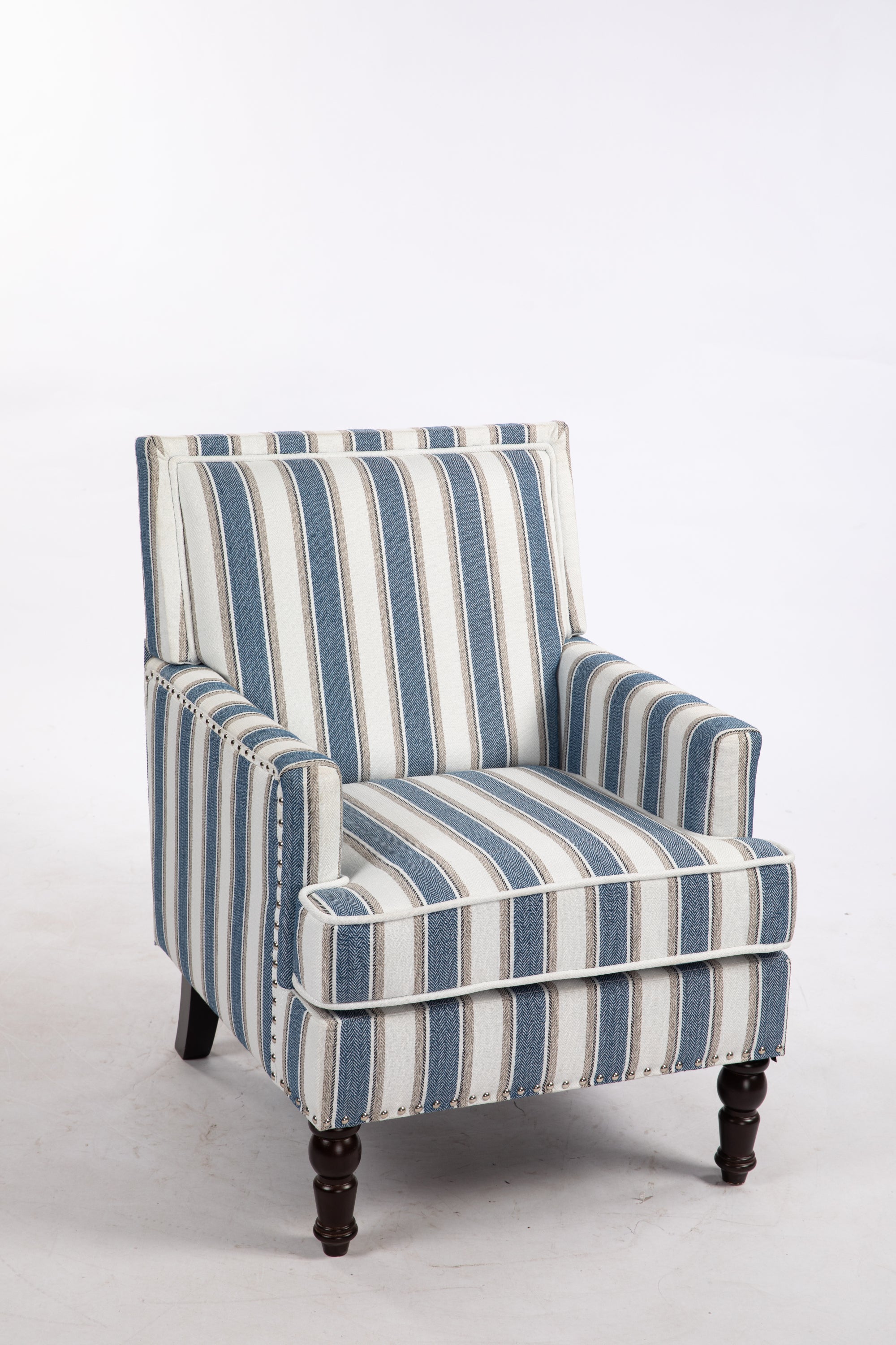 Upholstered Accent Chair, Vintage Armchair with Blue and White Striped Linen Fabric and Nailhead Trim for Living Room - Grand Goldman Shop