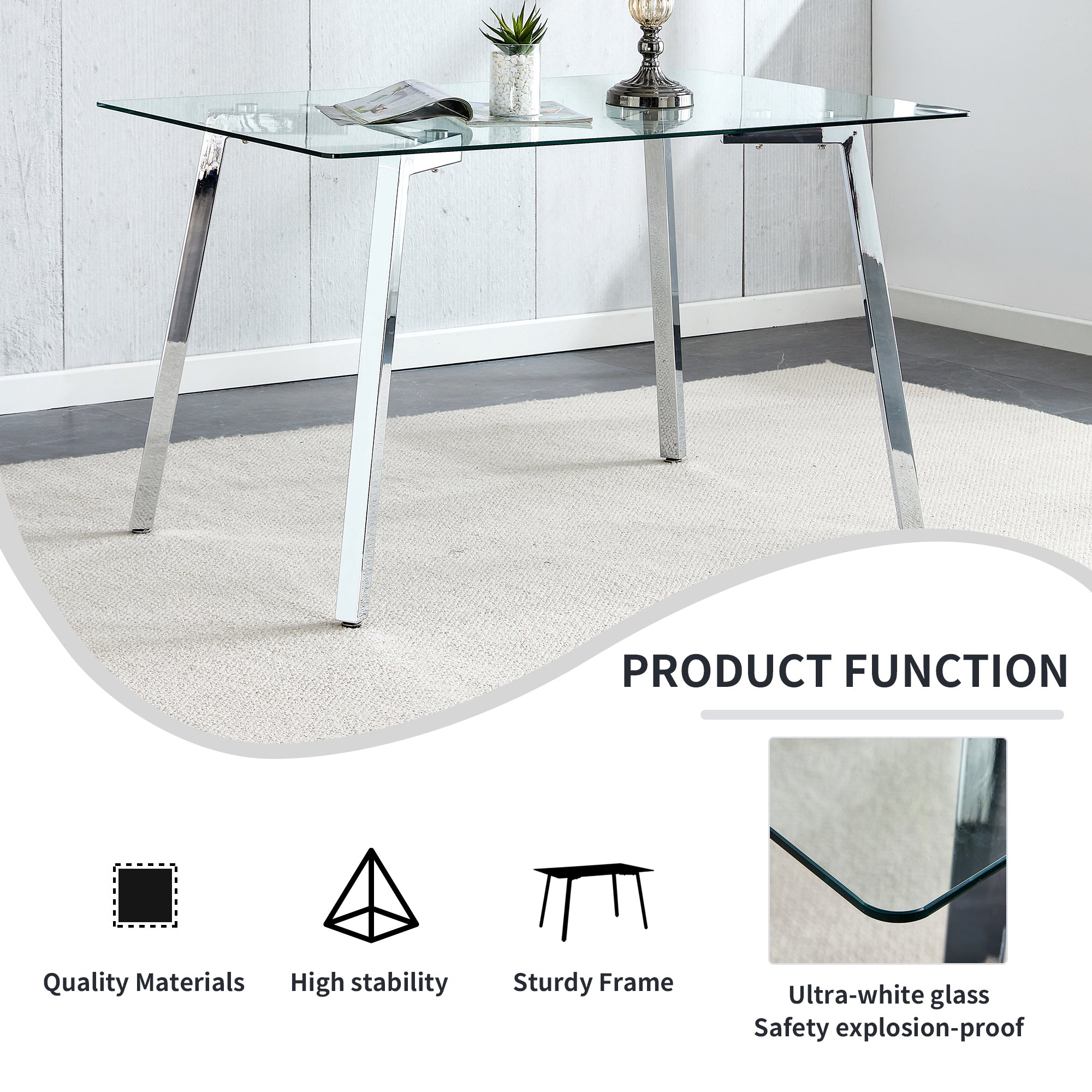 Glass Dining Table Modern Minimalist Rectangular  for 4-6 with 0.31' Tempered Glass Tabletop and plating Metal Legs, Writing Table Desk, for Kitchen Dining Living Room, 51' W x 31'D x 30' H 1123 - Grand Goldman Shop