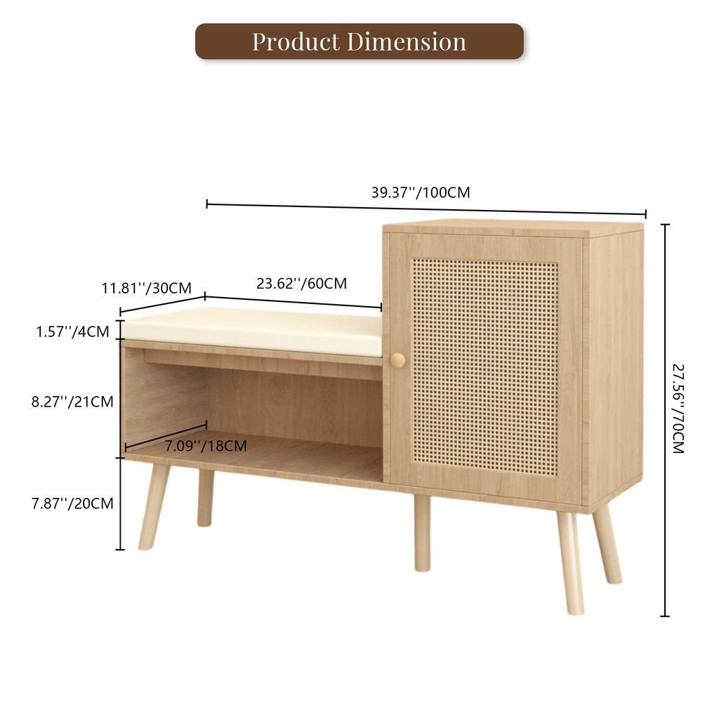 2-in-1 Shoe Storage Bench with Adjustable Shelves, Antique Natural Rattan Finish, PP Rattan and Wood Construction, Modern Entryway Organizer, 39.4 x 27.6 x 11.8 inches - Grand Goldman Shop