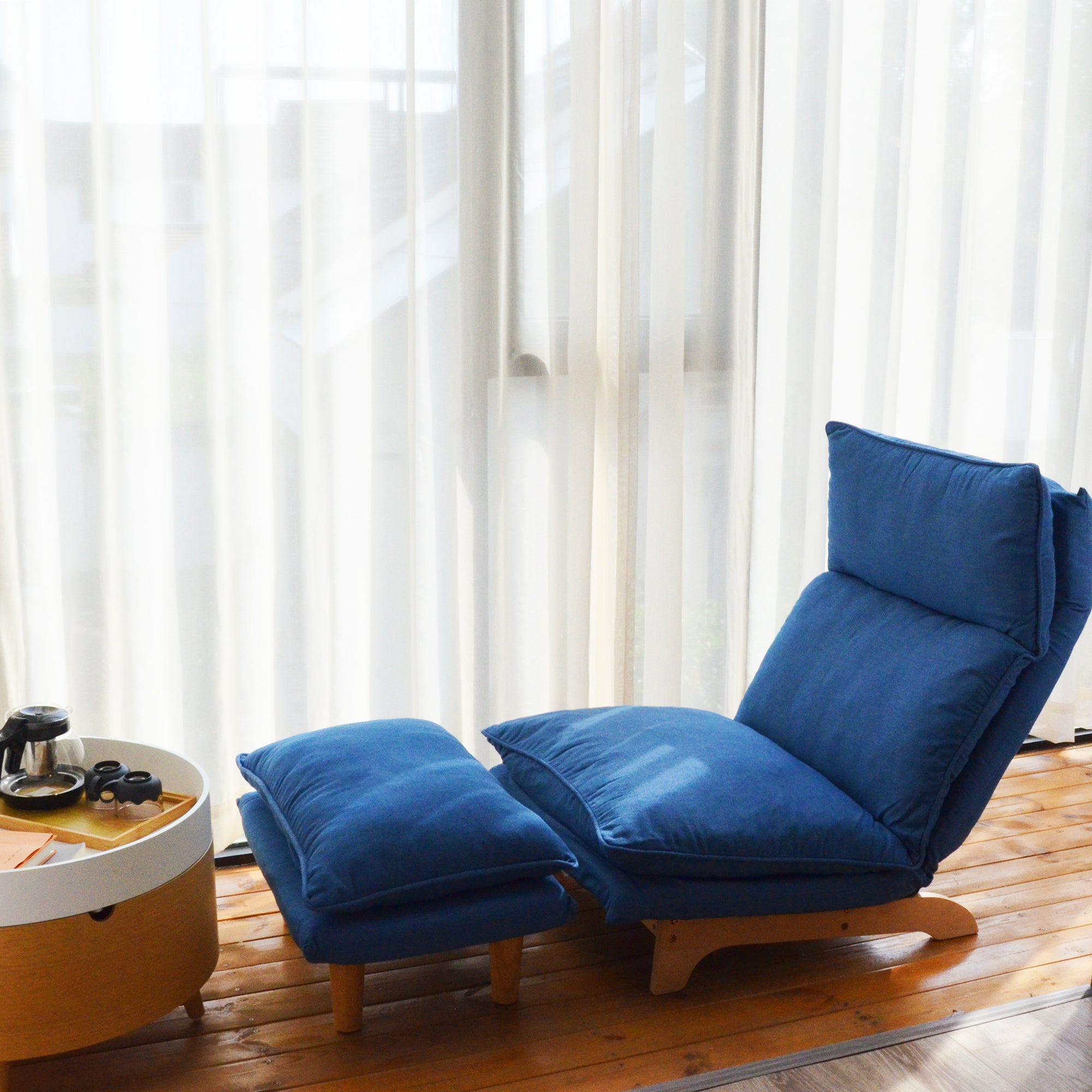 Modern Dark Blue Metal Frame Foldable Reclining Floor Chair – Lazy Leisure Sofa for Balcony or Bedroom - Grand Goldman Shop