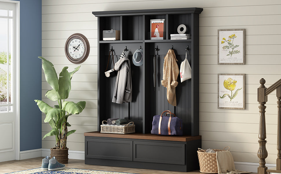 Farmhouse 4-in-1 Hall Tree with Wood Grain Bench, Mudroom Versatile Coat Rack with 2 Large Drawer, Entrance Organizer for Hallway, Living Room, Black, 55.9'W (OLD SKU: N721P313099B) - Grand Goldman Shop