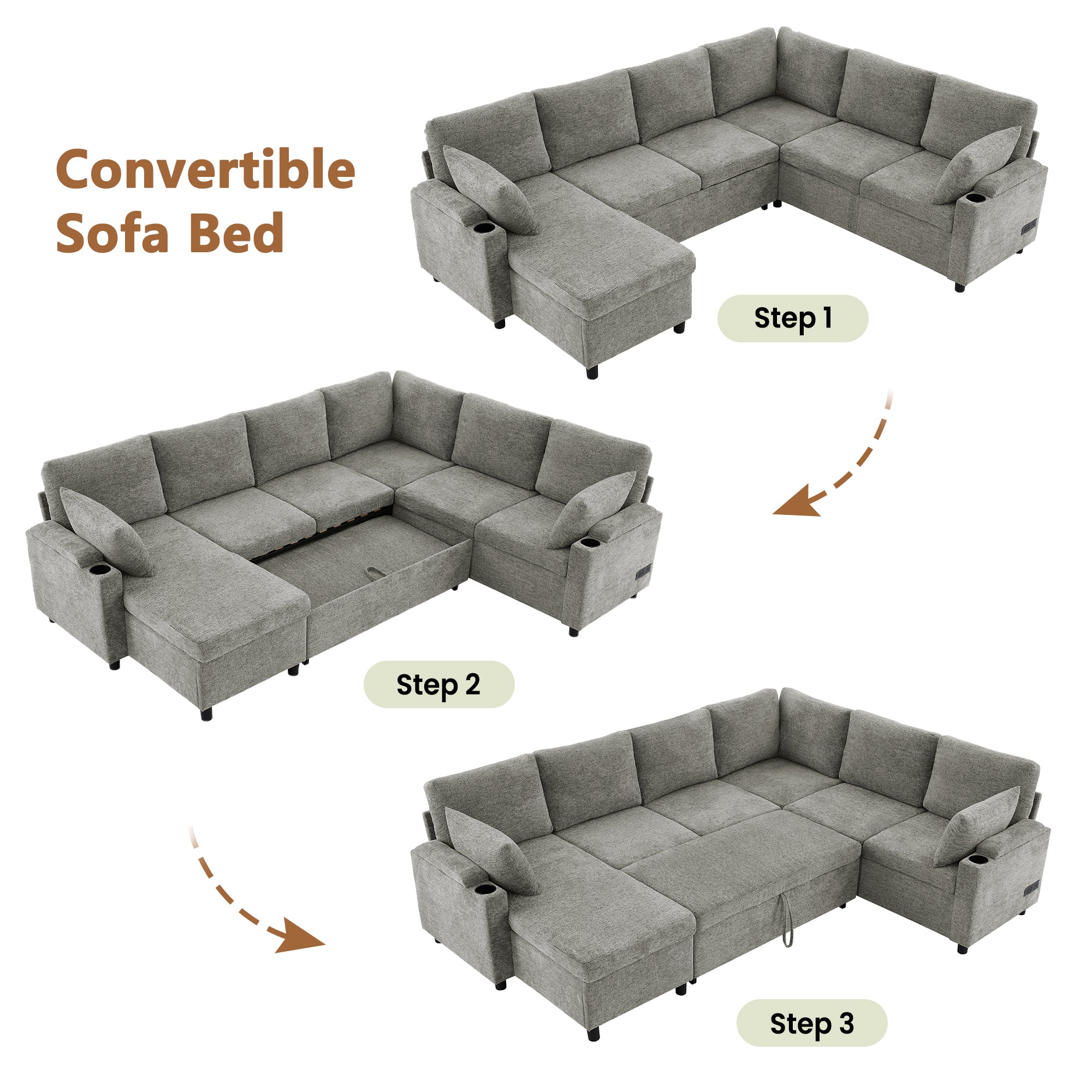 Versatile Light Grey Chenille Sectional Sofa Bed with Storage, Cup Holders & Charging Ports, 109.9' - Grand Goldman Shop