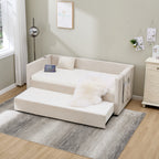Beige velvet daybed, sturdy wooden bed frame, modern diamond grid pull-out design, perfect for bedroom, living room furniture - Grand Goldman Shop