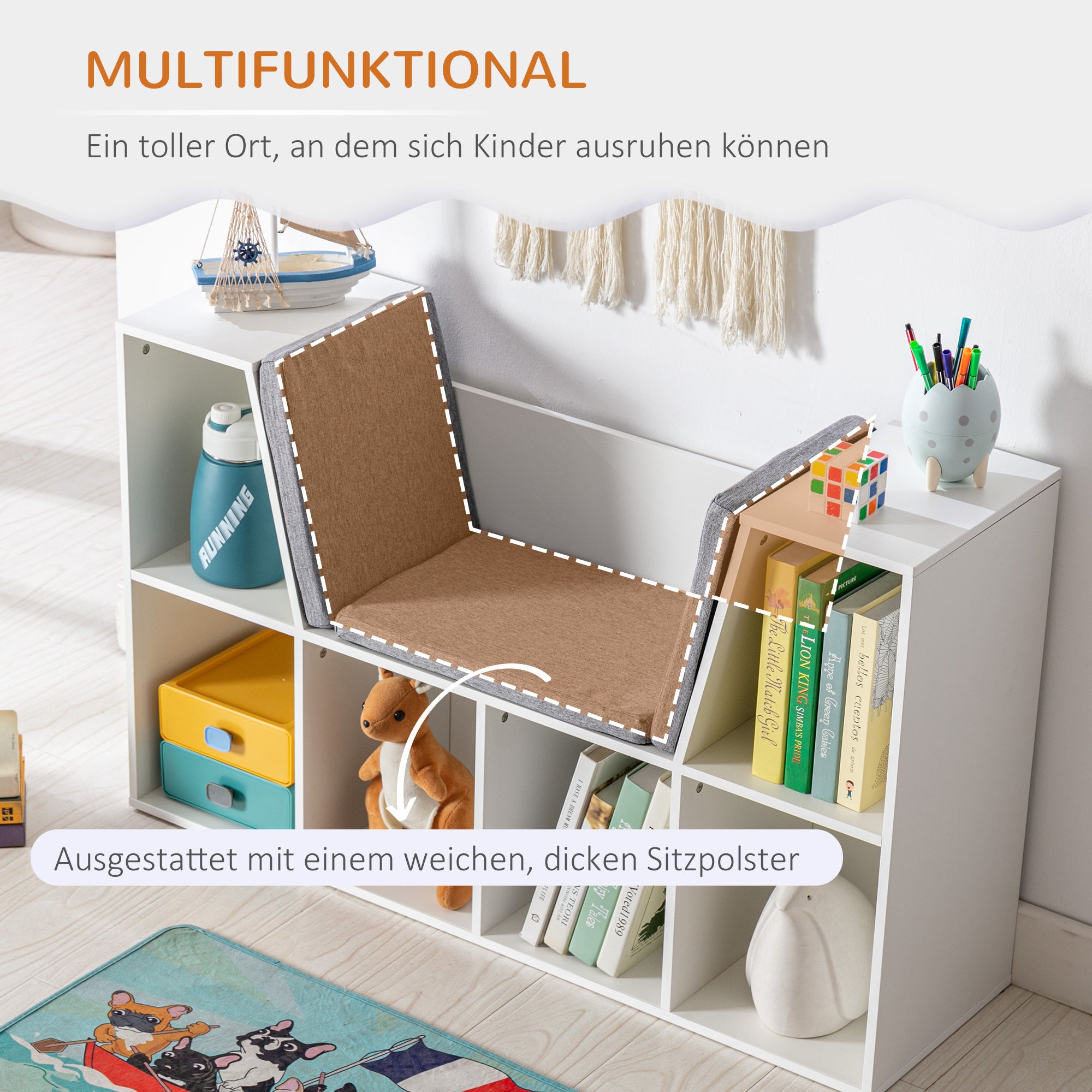 HOMCOM 6-Cubby Kids Bookcase with Reading Nook and Cushion, Multi-Purpose Storage Organizer for Bedroom, Living Room, Pure Wh