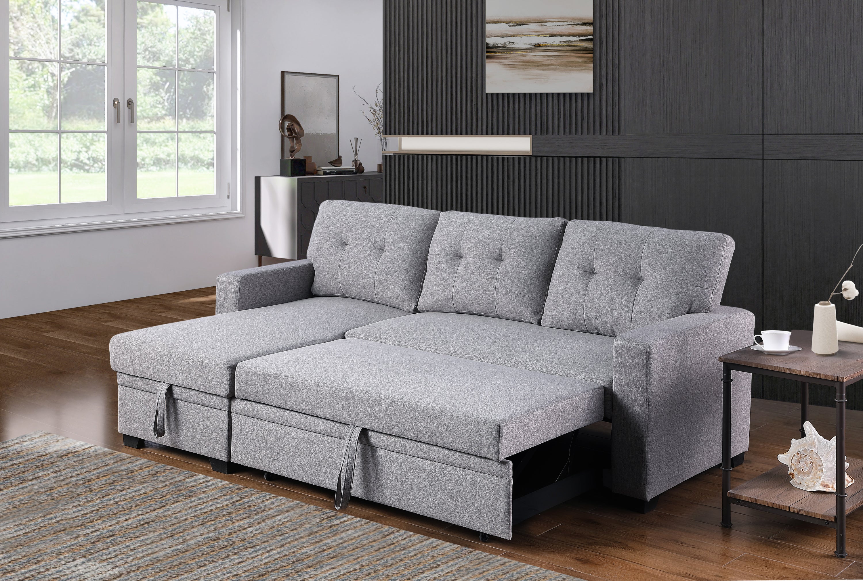 Upholstered Pull out Sectional Sofa with Chaise - Grand Goldman Shop