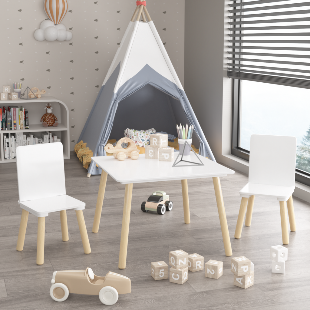 White Wooden Kids Table and 2 Chairs Set, 3-Piece Toddler Activity Play Table with Solid Wood & MDF Construction, Compact Siz