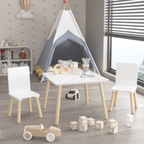 White Wooden Kids Table and 2 Chairs Set, 3-Piece Toddler Activity Play Table with Solid Wood & MDF Construction, Compact Siz