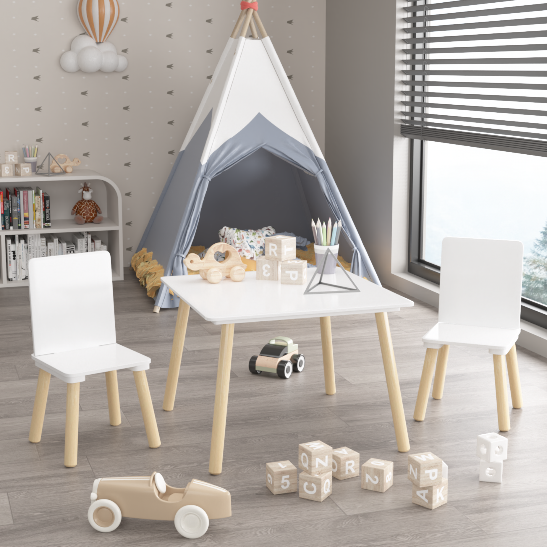 White Wooden Kids Table and 2 Chairs Set, 3-Piece Toddler Activity Play Table with Solid Wood & MDF Construction, Compact Siz