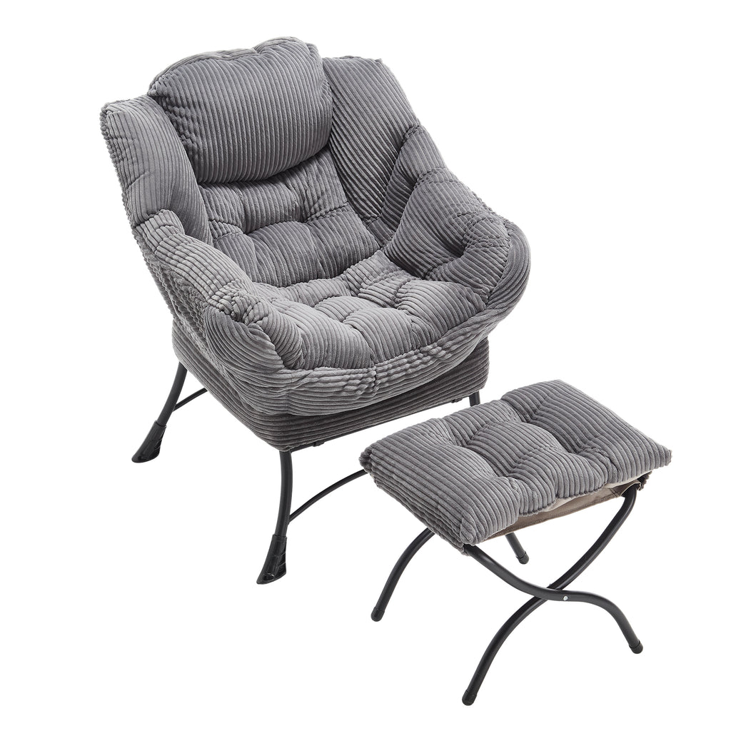 Lazy Chair with Ottoman, Modern Lounge Accent Chair with Armrests and a Side Pocket, Leisure Upholstered Sofa Chair Reading Chair with Footrest for Small Space, Corner Chair-Grey - Grand Goldman Shop