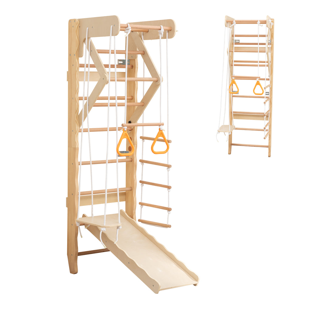 6-in-1 Swedish Ladder Wall Gym, Indoor Kids Playground with Swing, Rope Ladder, Pull-Up Bar, Slide, Gymnastic Rings, Wooden W
