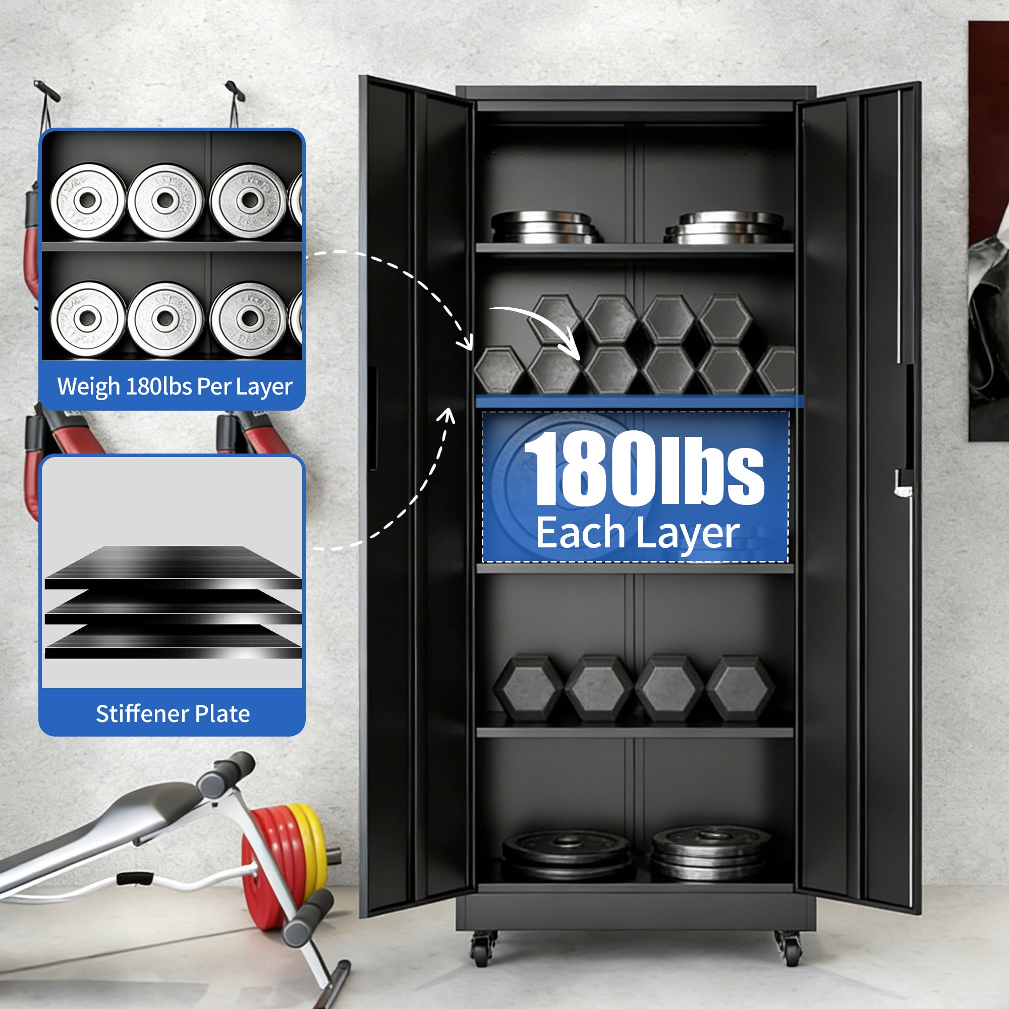 71'H Metal Garage Storage Cabinet with Wheels and Lock, Heavy Duty Rolling Metal Cabinet, 4 Adjustable Shelves (180lb Each), 
