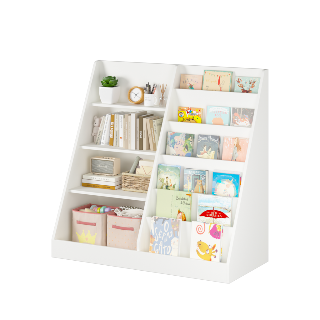 Kids Bookshelf and Toy Storage Organizer, Multifunctional 4-Tier White Wooden Bookcase with Toy Bin for Nursery, Playroom, or