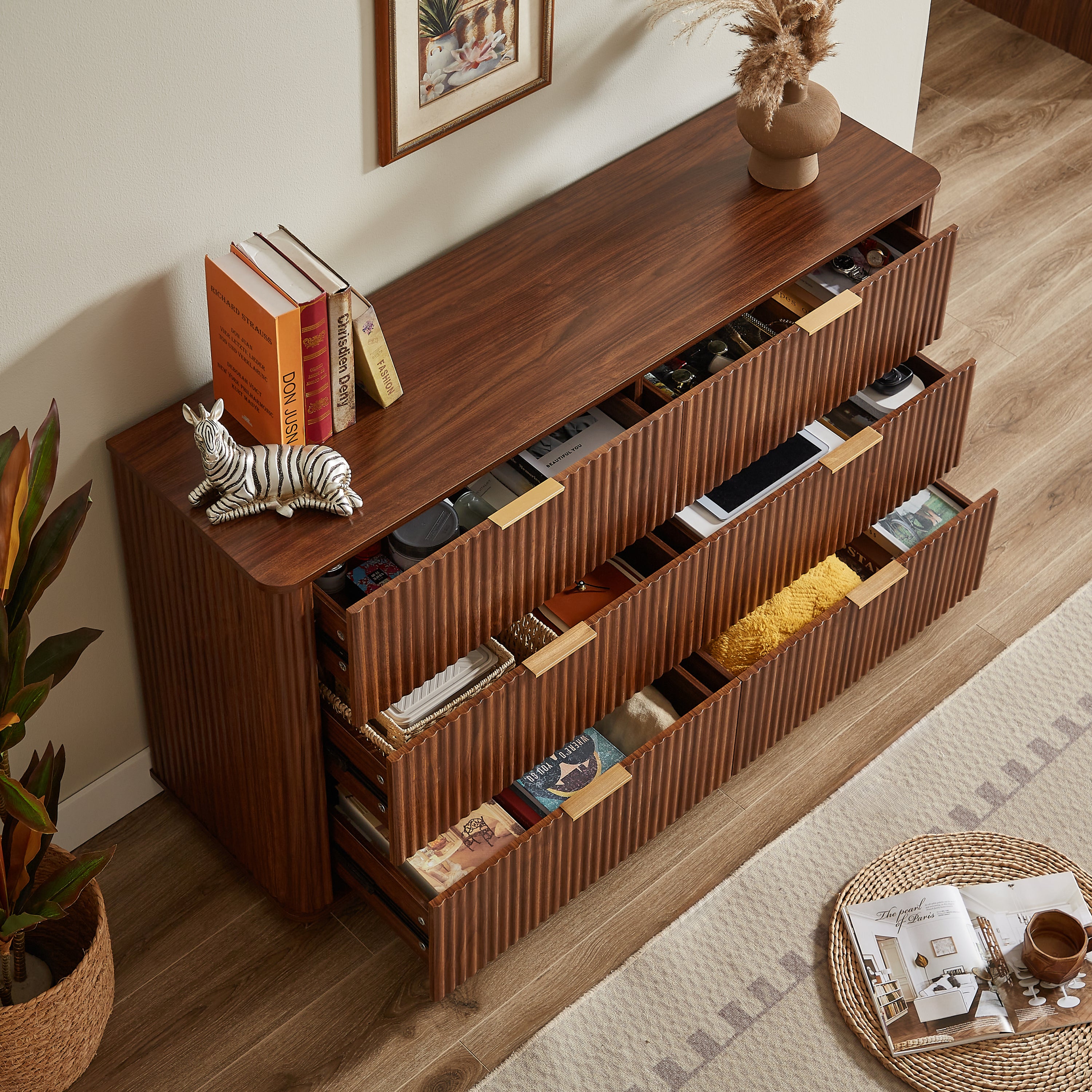 6 Drawers Dresser,55' Wide Modern Chest of Drawers Curved wave Design, Dresser TV Stand, Wood Drawer Organizer for Bedroom, Living Room, Hallway, Walnut,55.12''W x 15.75''D x 31.5''H. - Grand Goldman Shop